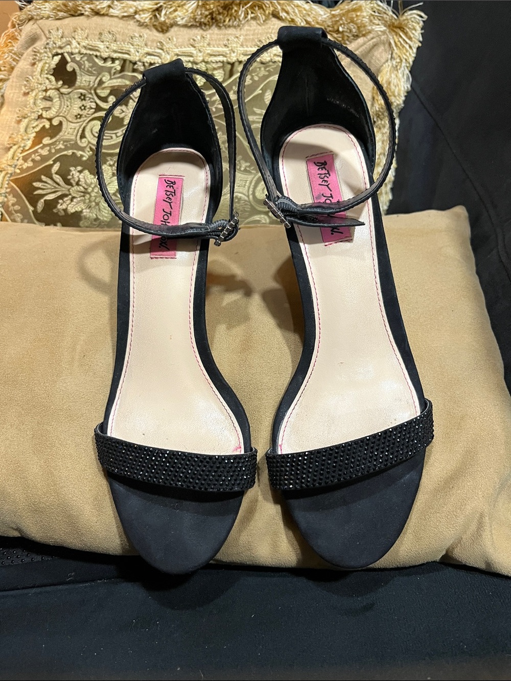 Betsey Johnson Black Open-Toe Ankle-Strap Heels with Rhinestone Band